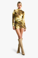 Printed Textured Mesh Long Sleeve Bodysuit and Tie Front Drape Micro Skirt
