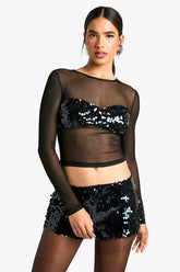 Sequin Bust Long Sleeve Mesh Top