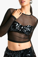 Sequin Bust Long Sleeve Mesh Top