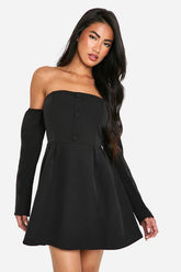 A-Line Bardot Long Sleeve Mini Dress