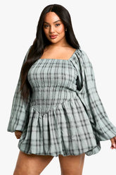 Plus Checked Puff Ball Shirred Dress