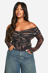 Plus Animal Ruched Front Bardot Long Sleeve Top