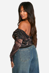 Plus Animal Ruched Front Bardot Long Sleeve Top