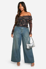 Plus Animal Ruched Front Bardot Long Sleeve Top
