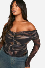Plus Animal Ruched Front Bardot Long Sleeve Top