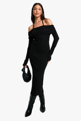 Wide Rib Bardot Tie Midaxi Dress