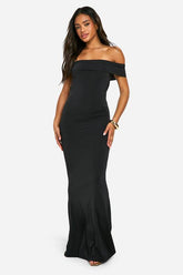 Off Shoulder Ruched Back Slinky Maxi Dress