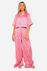 Bow Print Stripe Piping Detail Short Sleeve Shirt & Trousers Pyjama Set