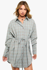 Check Cinched Waist Shirt Dress
