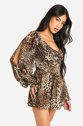 Animal Print Split Sleeve Playsuit