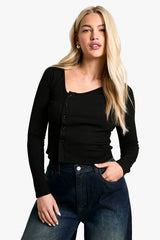 Rib Asym Neck Button Through Top