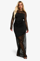 Plus Mesh Ruched Maxi Dress