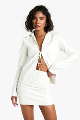 Tall PU Tie Front Shirt and Mini Skirt Set