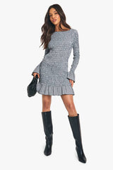 Check Shirred Long Sleeve Mini Dress