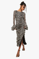 Leopard Chiffon Ruffle Midaxi Dress