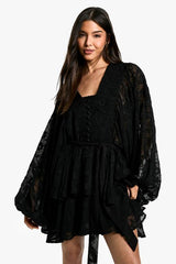 Burnout Paisley Tiered Belted Skater Dress