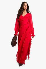 Ruffle Long Sleeve Chiffon Maxi Dress