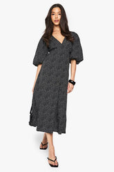 Polka Dot Puff Sleeve Tie Back Midi Dress