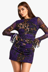 Slash Neck Mixed Leopard Print Flare Sleeve Mini Dress