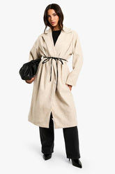 Petite Faux Leather Belt Wool Look Coat
