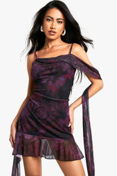 Floral Draped Ruffle Printed Mesh Mini Dress
