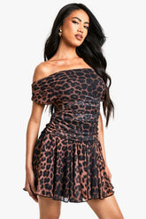 Leopard Printed Mesh Ruched Pleated Hem Mini Dress