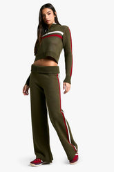Rib Knitted High Neck Zip Through Jumper and Foldover Waistband Flared Trouser