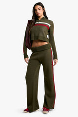 Rib Knitted High Neck Zip Through Jumper and Foldover Waistband Flared Trouser
