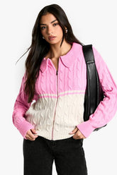 Chunky Knit Cable Detail Zip Through Collared Jumper
