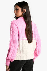 Chunky Knit Cable Detail Zip Through Collared Jumper
