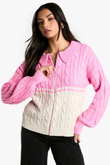 Chunky Knit Cable Detail Zip Through Collared Jumper