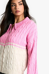 Chunky Knit Cable Detail Zip Through Collared Jumper