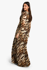 Zebra Ruffle Tie Sleeve Belted Chiffon Maxi Dress