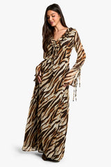 Zebra Ruffle Tie Sleeve Belted Chiffon Maxi Dress