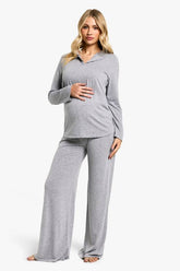 Maternity Long Sleeve Button Top & Wide Leg Trouser PJ Set