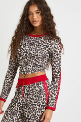 Leopard Print Piping Detail Crop Top and Trouser Set