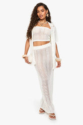 Crochet Oversized Shirt, Bandeau Top and Maxi Skirt Set