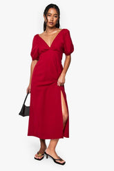 Linen Tie Back Puff Sleeve Midaxi Dress