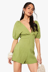 Linen Tie Back Puff Sleeve Playsuit