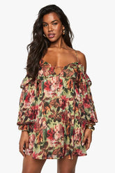 Floral Printed Chiffon Cold Shoulder Layered Mini Dress