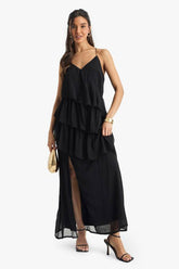Chiffon Ruffle Cross Back Midaxi Dress