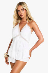 Cotton Halterneck Ruffle Lace Trim Playsuit