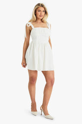 Cotton Ruched Bust Shoulder Tie Mini Dress