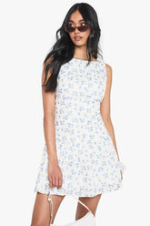 Floral Brodiere Slash Neck Button Neck Floral Mini Dress