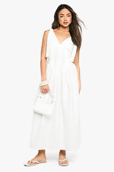 V Neck Strappy Cotton Midaxi Dress