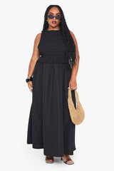 Plus Shirred Racer Neck Drop Hem Smock Dress