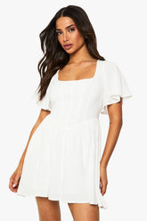 Petite Linen Mix Corset Angel Sleeve Skater Dress