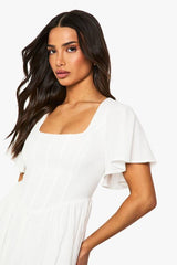Petite Linen Mix Corset Angel Sleeve Skater Dress