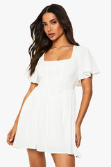 Petite Linen Mix Corset Angel Sleeve Skater Dress