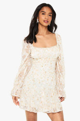 Petite Chiffon Jaquard Floral Angel Sleeve Mini Dress